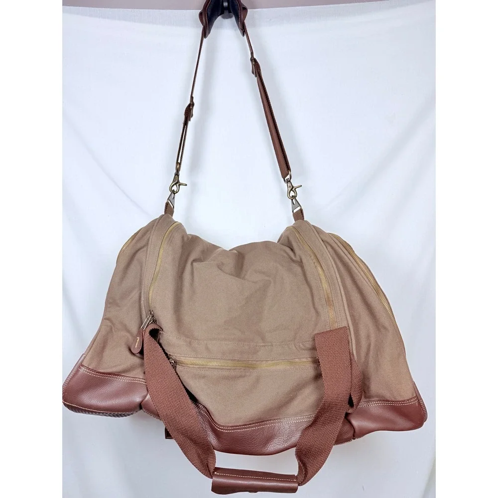 Battenkill Style Canvas Leather Trim Duffle Bag Khaki Brown Travel Weekend Large